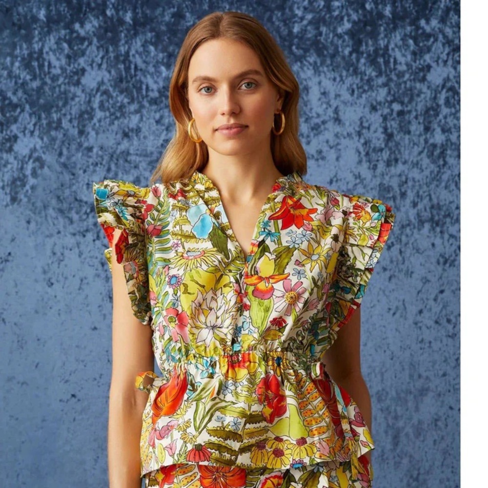 Marie Oliver Yellow Floral Ruffle-Sleeve Blouse